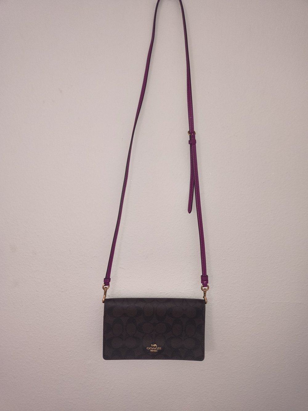 Coach Signature Canvas Wallet Crossbody Brown Purple Leather Phone Bag - Picture 4 of 11